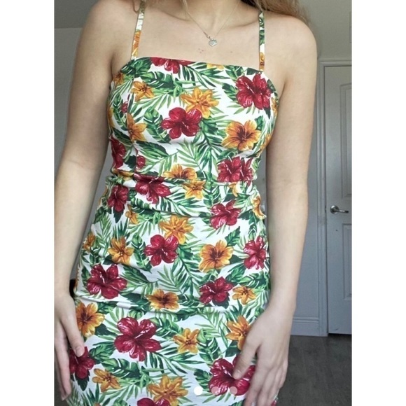 Forever 21 Green Red Hawaiian Floral Tropical Bodycon Tank Mini Dress Size Large - Picture 4 of 5